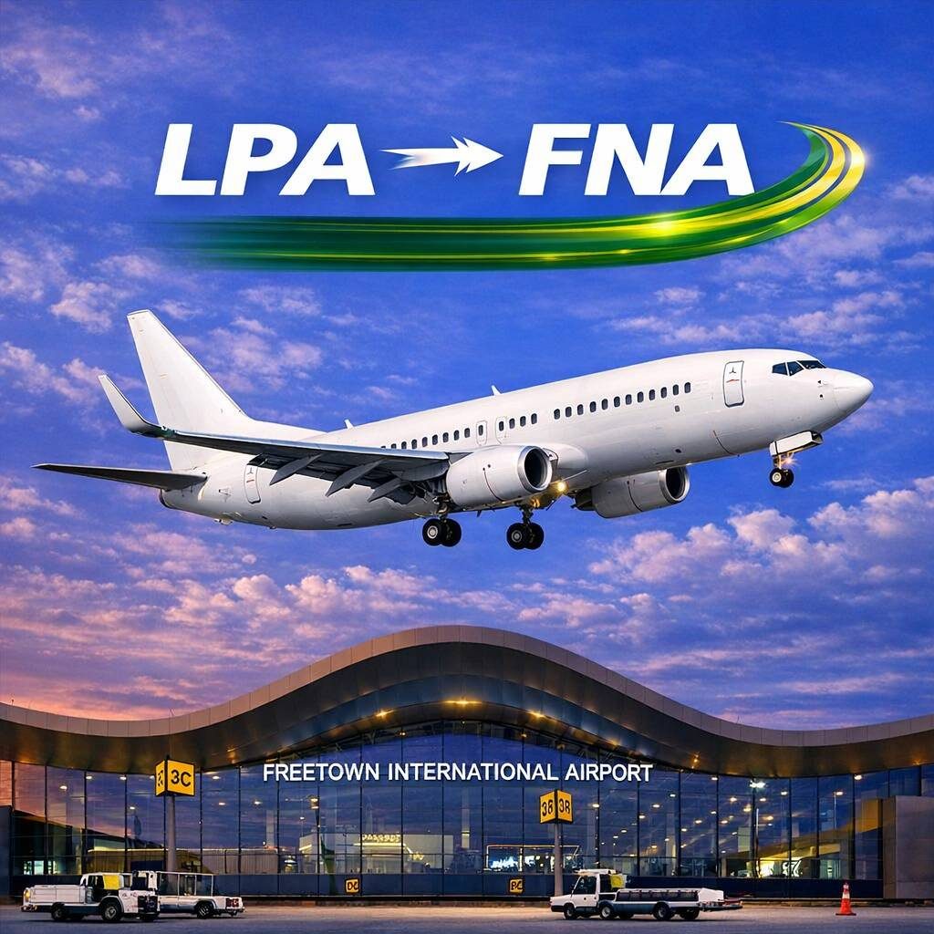 Vuelo directo WRK714 Gran Canaria (LPA) destino Freetown (FNA) en 3 horas Nonstop. España a Sierra Leona. Vuelo directo WRK714 Gran Canaria (LPA) destino Freetown (FNA) en 3 horas Nonstop. España a Sierra Leona.